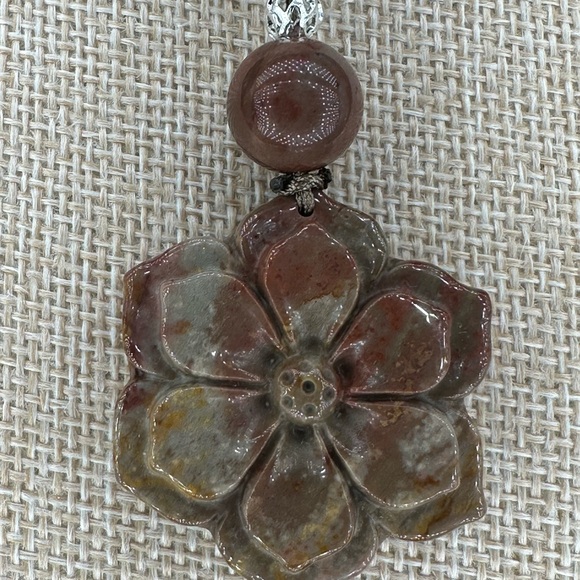 Polychrome Jasper Flower Pendant Necklace on Brown Rope - Picture 9 of 12